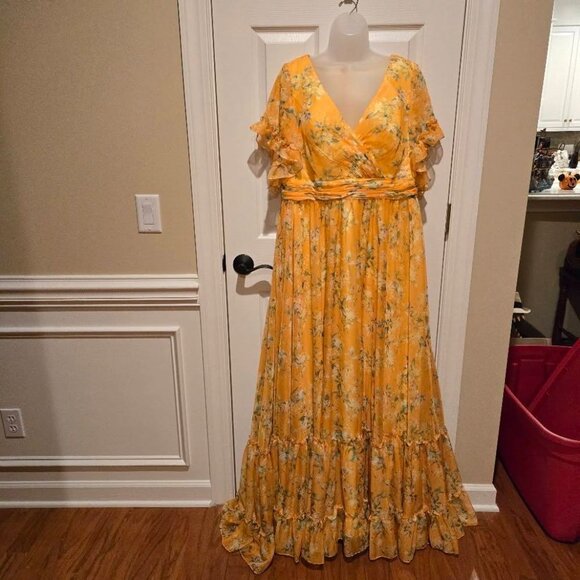 Mac Duggal Flounce Sleeve Floral Maxi Dress in Yellow Multi Size 14 - Picture 3 of 15